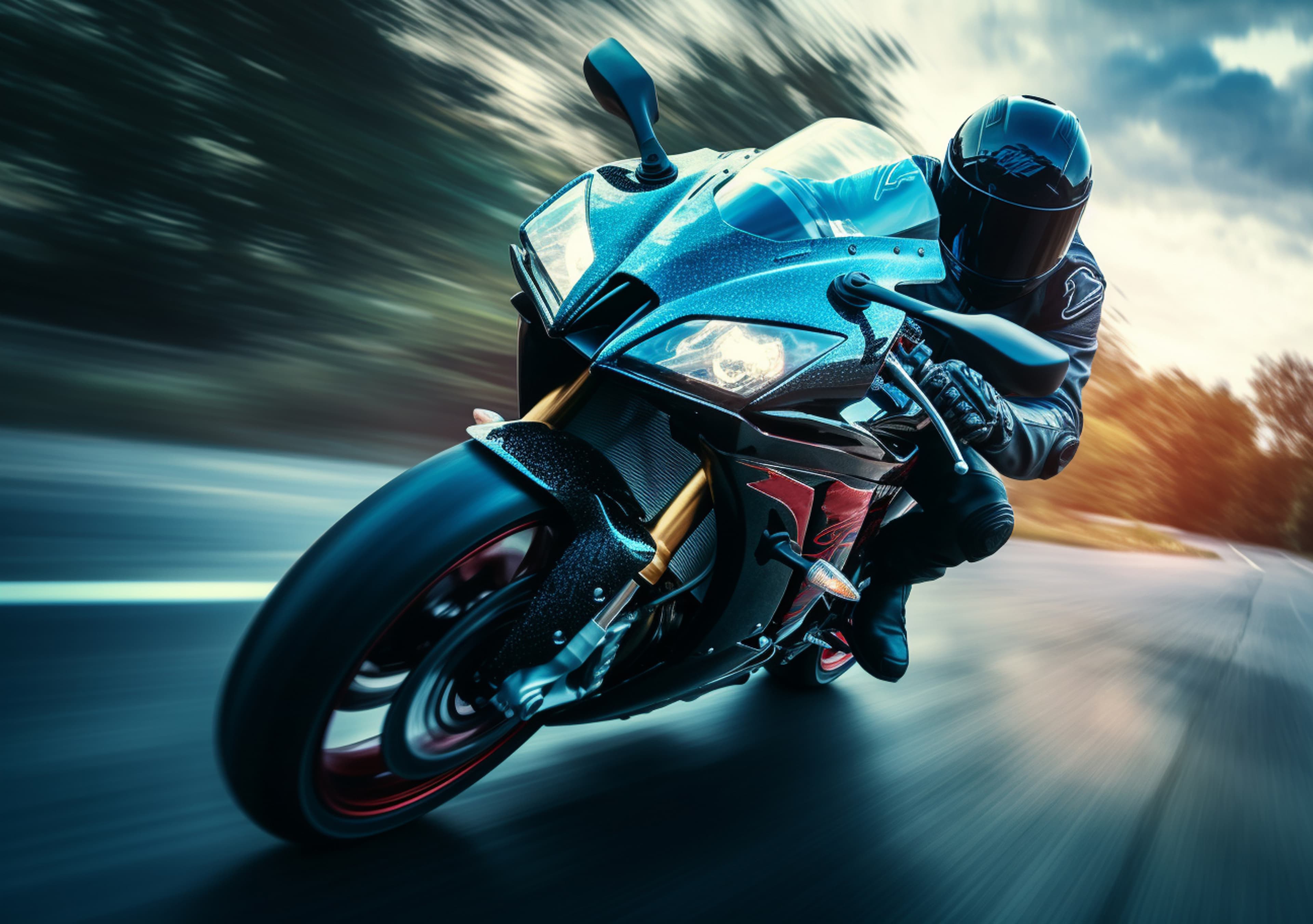 moto azul com motoqueiro de capacete de frente em uma estrada com floresta ao fundo. A imagem tem um filtro escuro para destacar o texto do hero
